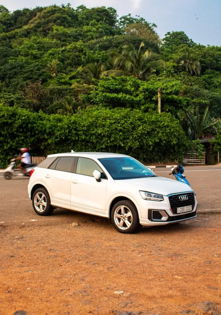 electric vehicle Africa: A white car is parked near lush greenery.